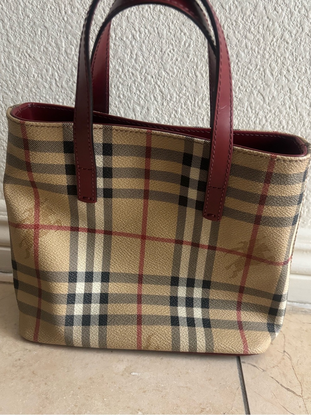 Burberry Vintage Nova Check Cadogan 2 Tote Bag Burgundy Leather Trim PRISTINE - Picture 3 of 9